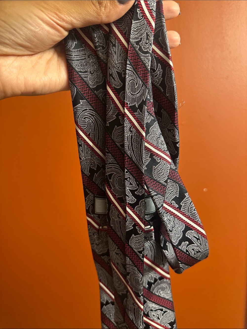 Men's Black and Burgundy Paisley Stripe Tie - Picture 3 of 3